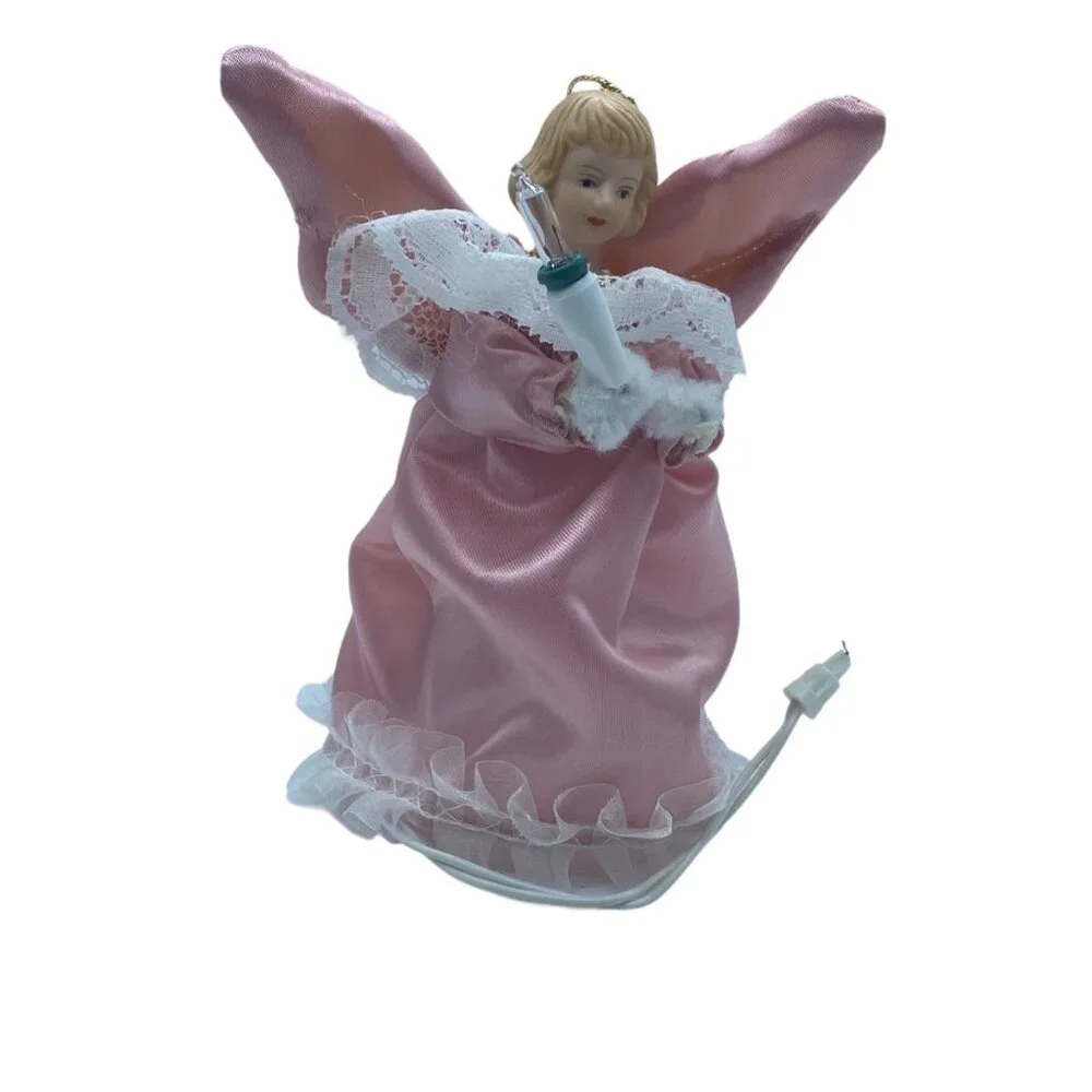 Vtg Lighted Mini Angel Tree Topper Christmas Pink Satin Dress Lace Trim 5” Plug‎